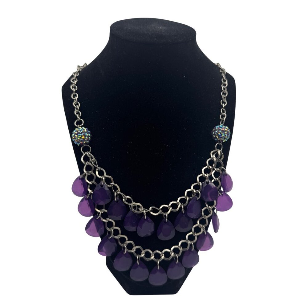 Purple Teardrop Beaded  Necklace With Silver Chain And Iridescent Crystal Accent